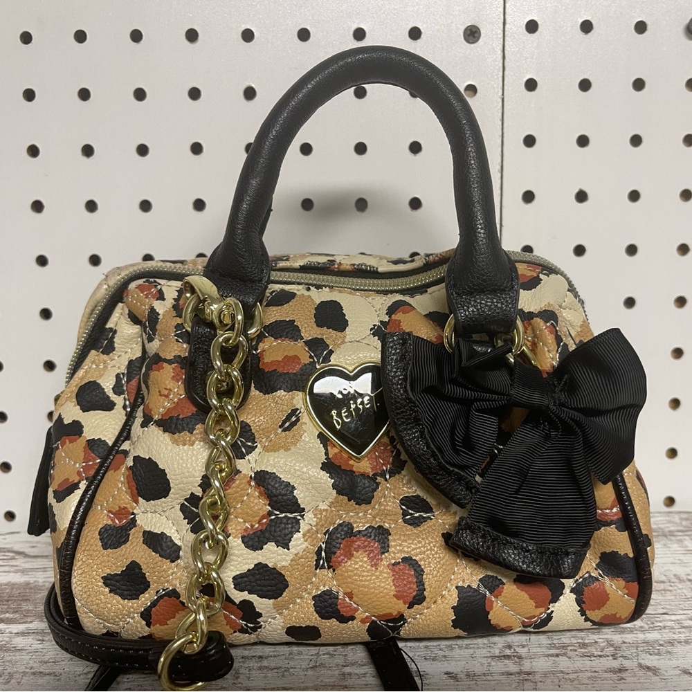 BETSEY JOHNSON LEOPARD MINI BARREL BAG WITH LONG SHOULDER STRAP